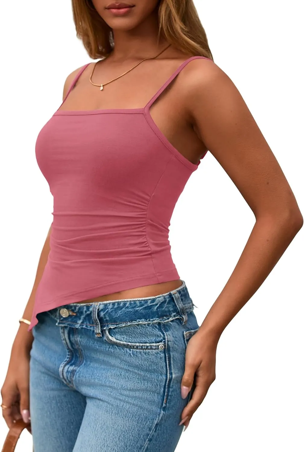 PRETTYGARDEN Women's Summer Spaghetti Strap Tank Tops Sleeveless Camisole Blouses Asymmetrical Going Out Basic Tank Shirt