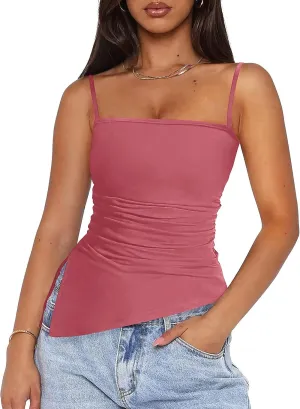 PRETTYGARDEN Women's Summer Spaghetti Strap Tank Tops Sleeveless Camisole Blouses Asymmetrical Going Out Basic Tank Shirt