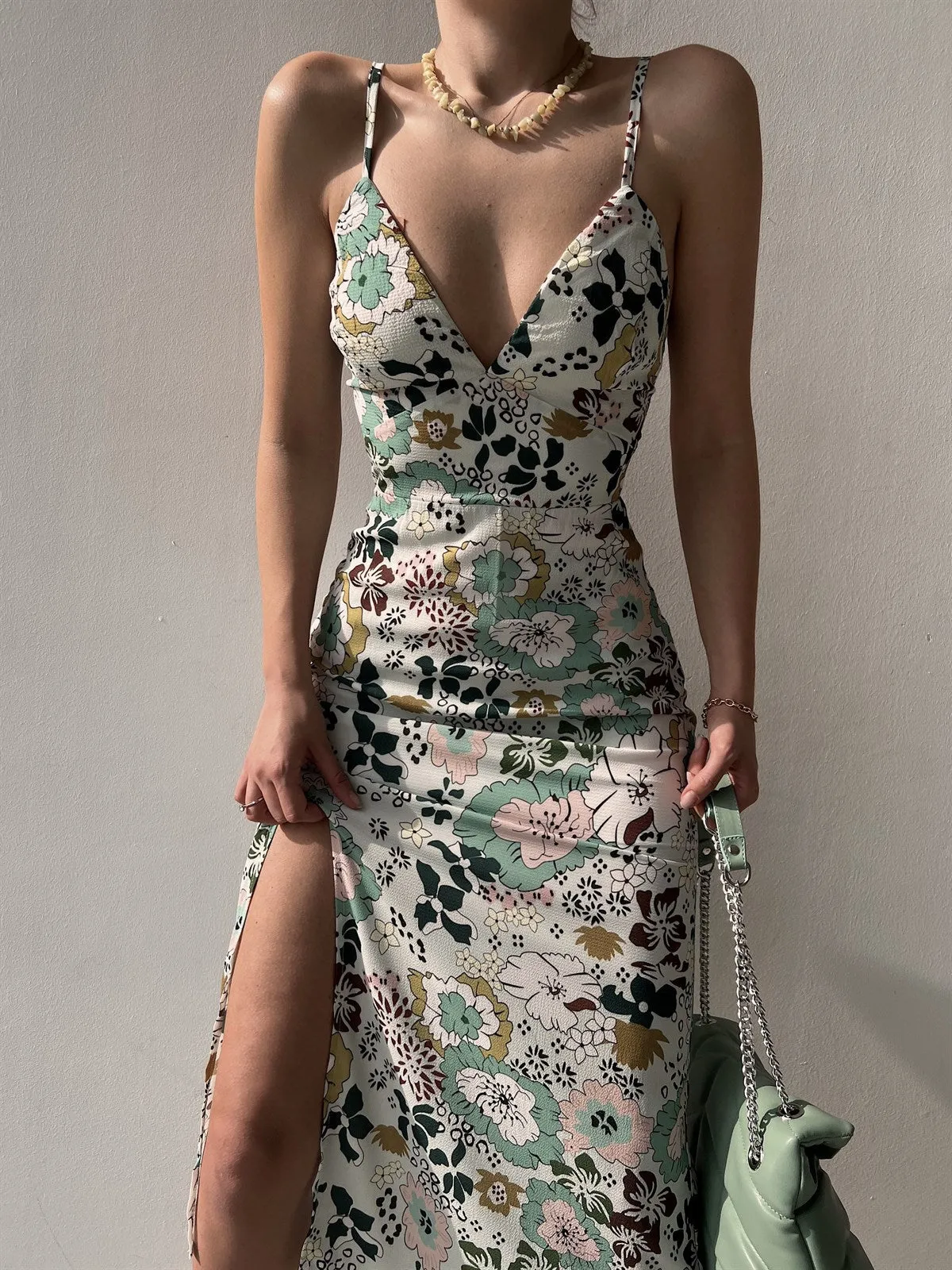 Printed Open-Back Split Hem Slip Dress