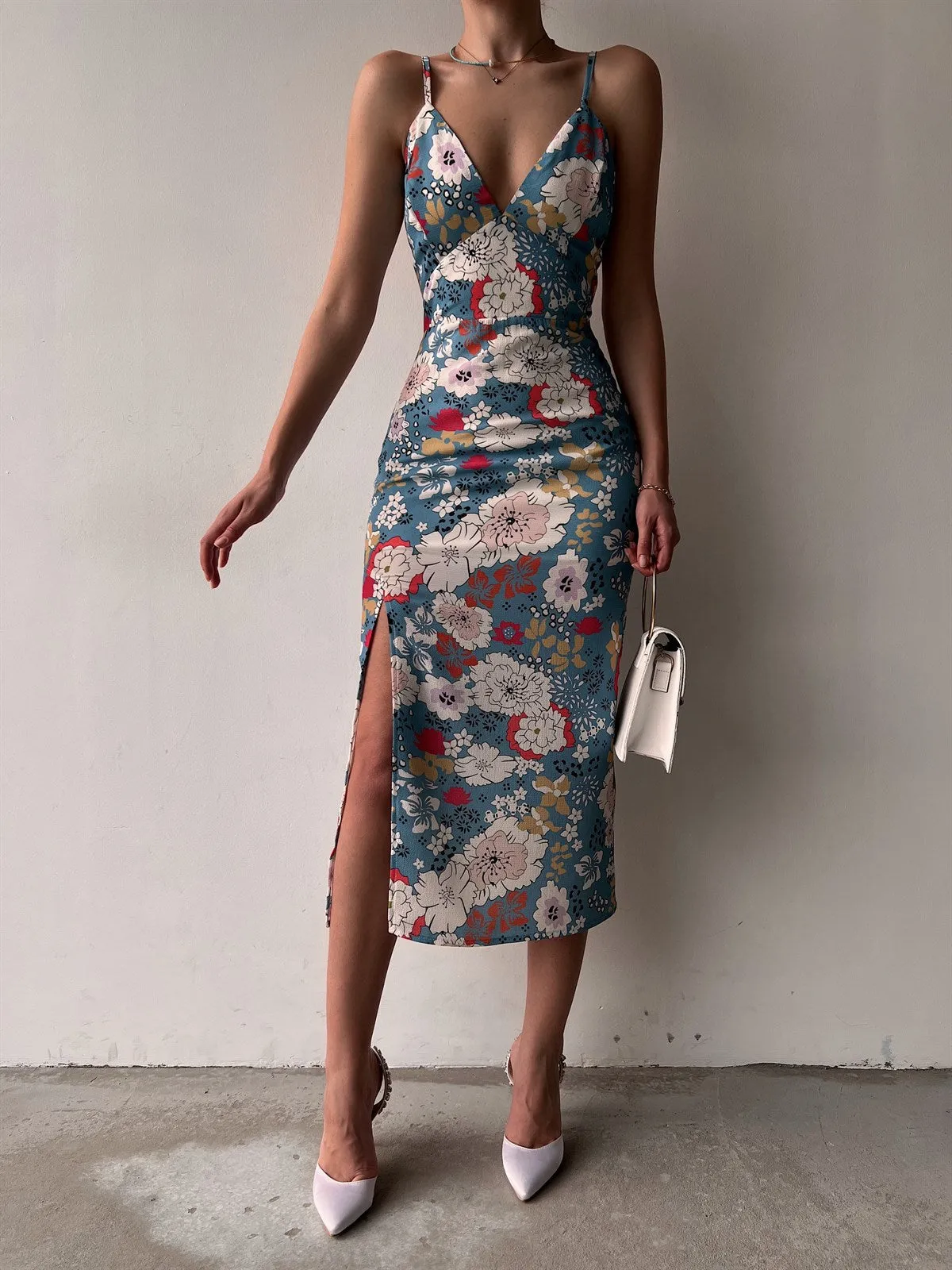 Printed Open-Back Split Hem Slip Dress
