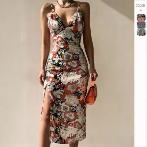 Printed Open-Back Split Hem Slip Dress