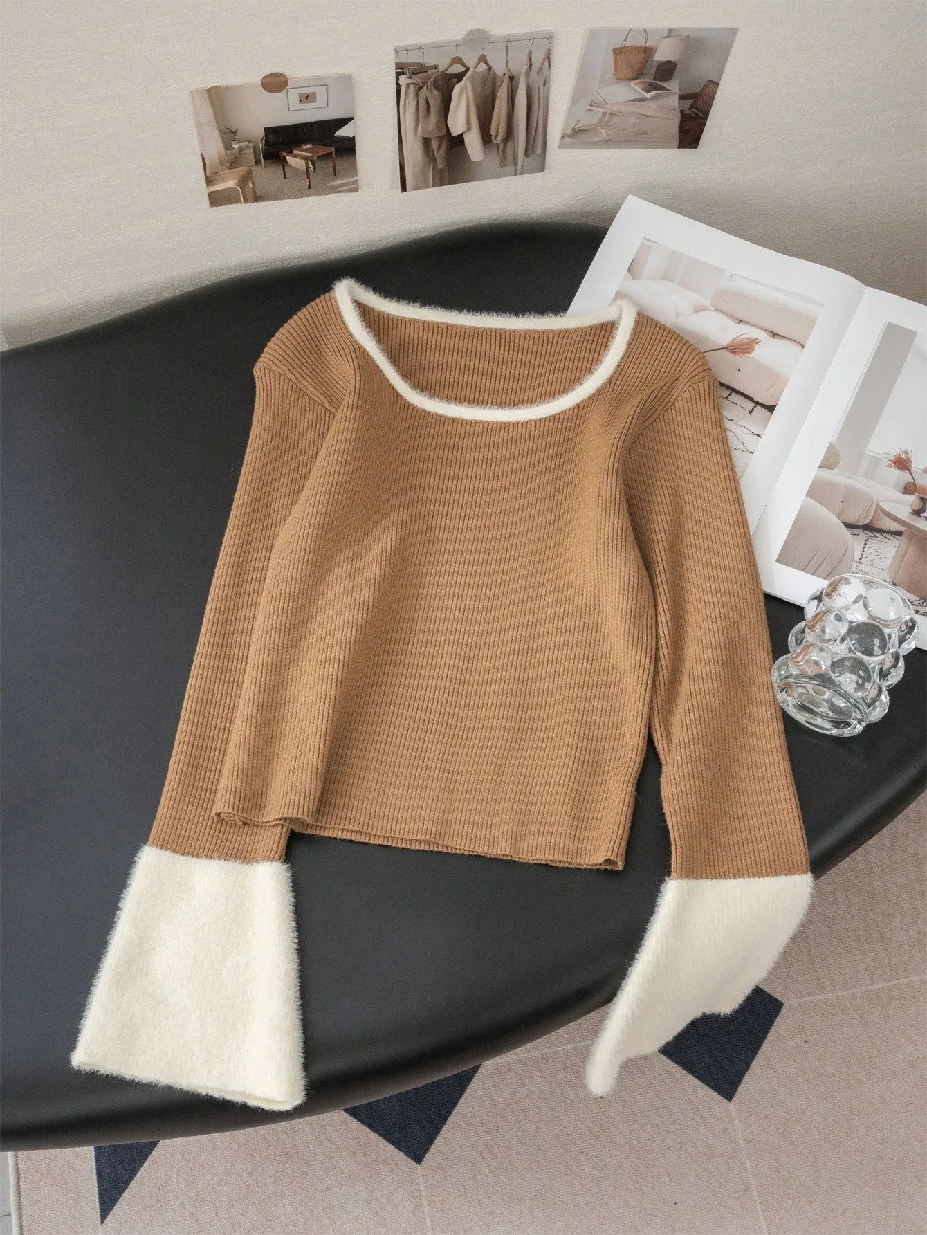 Shein 1pc Women's Elegant Slim Fit Contrasting Color Short Base Sweater, U-Neck Long Sleeved With Fleece