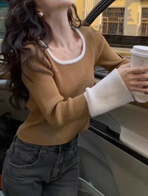 Shein 1pc Women's Elegant Slim Fit Contrasting Color Short Base Sweater, U-Neck Long Sleeved With Fleece