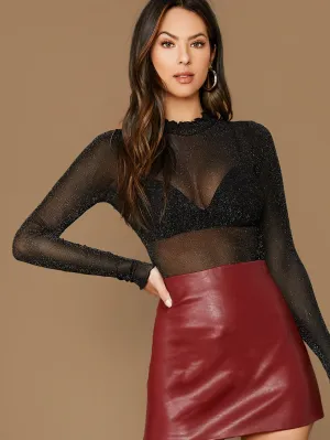 SHEIN BAE Lettuce Edge Glitter Mesh Top Without Bra