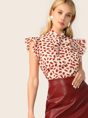 SHEIN Clasi Petal Print Pussycat Bow Top