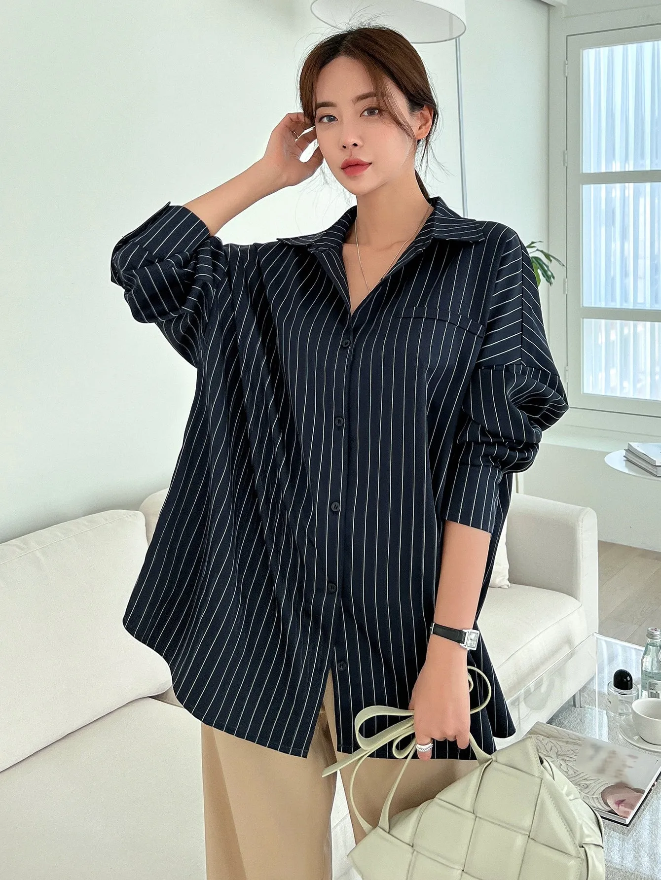 Shein DAZY Vertical Striped Drop Shoulder Oversized Shirt