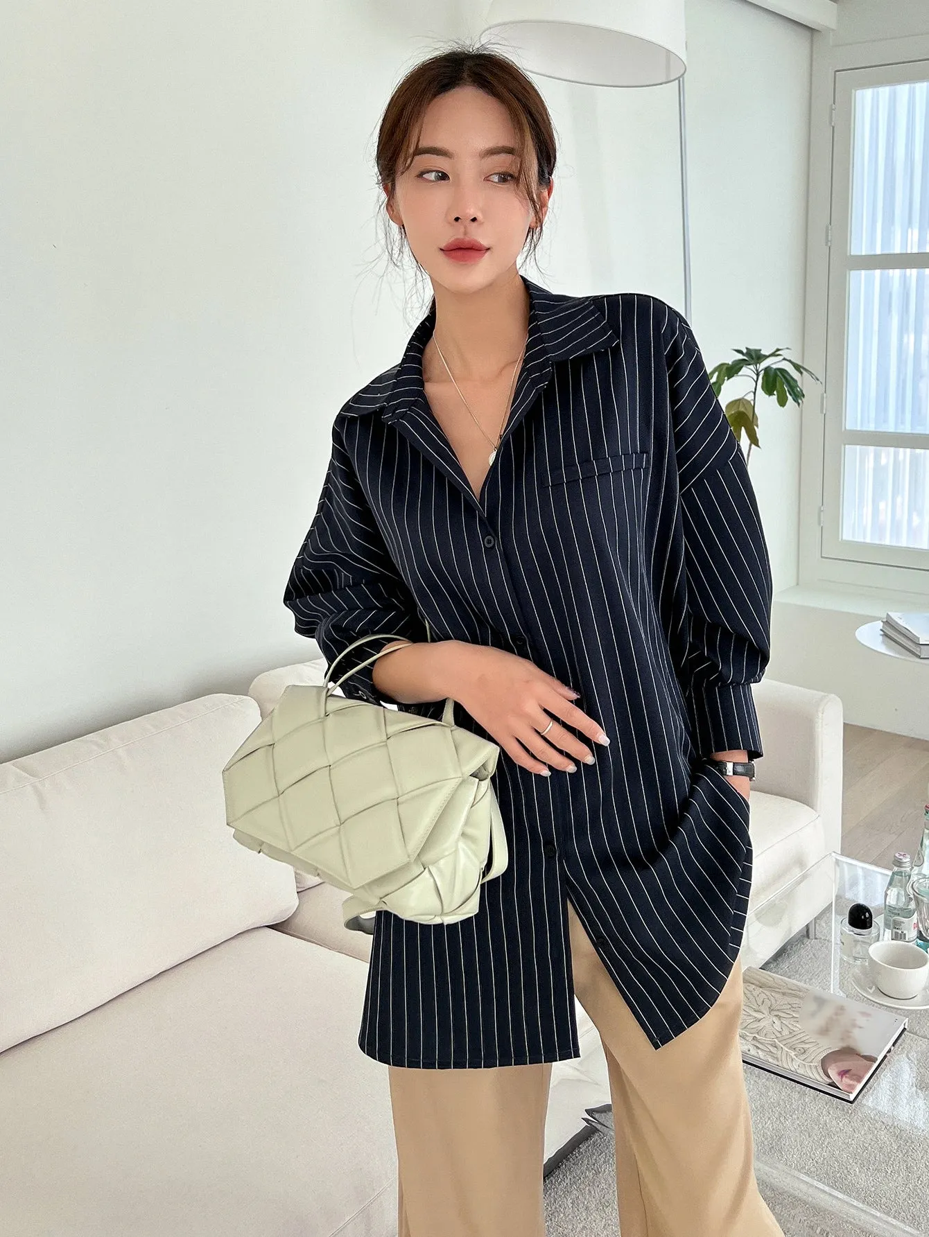 Shein DAZY Vertical Striped Drop Shoulder Oversized Shirt