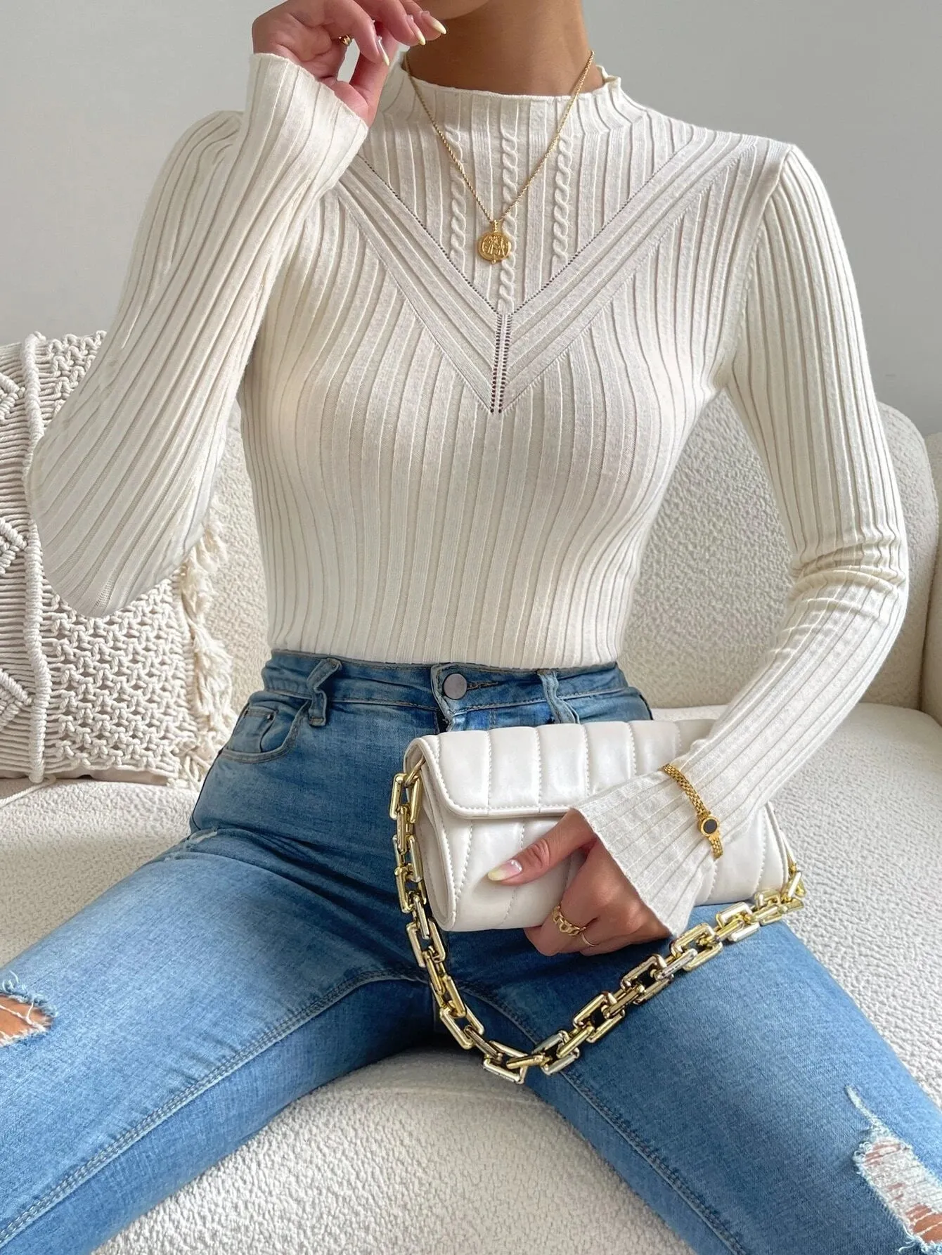 SHEIN Eyelet Detail Ribbed Knit Mock Neck Sweater