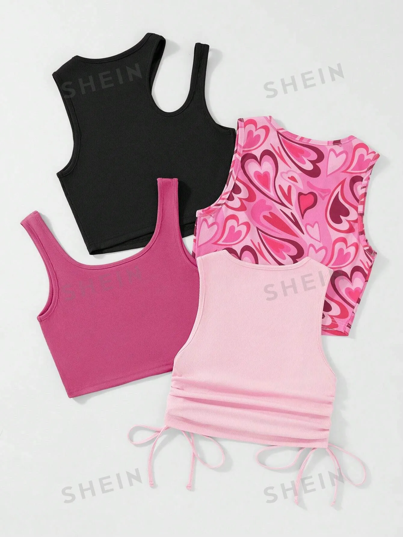 SHEIN Qutie 4pcs Heart Print Drawstring Side Tank Top