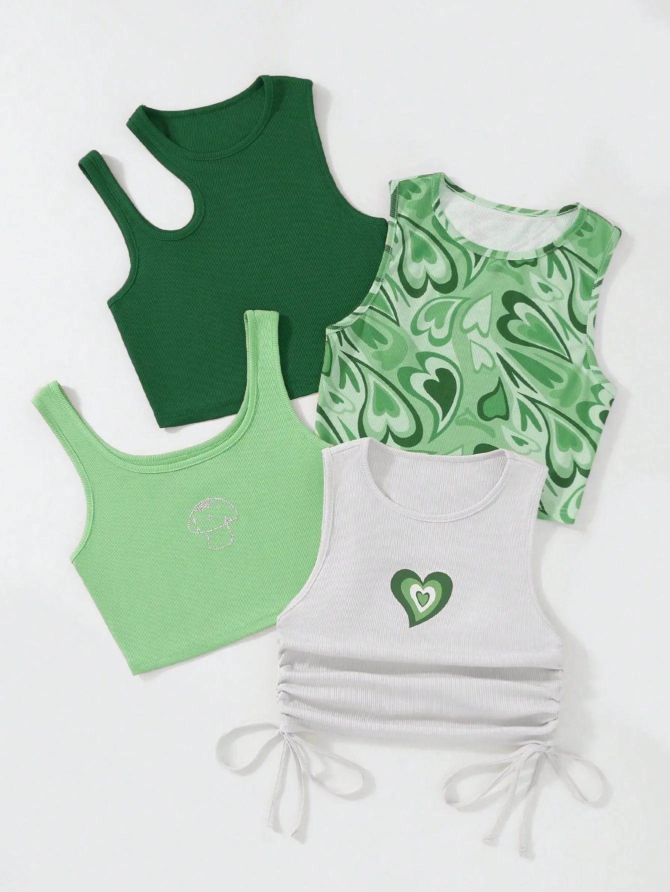 SHEIN Qutie 4pcs Heart Print Drawstring Side Tank Top