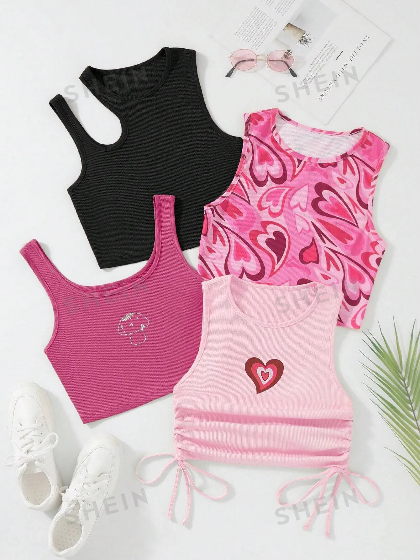 SHEIN Qutie 4pcs Heart Print Drawstring Side Tank Top