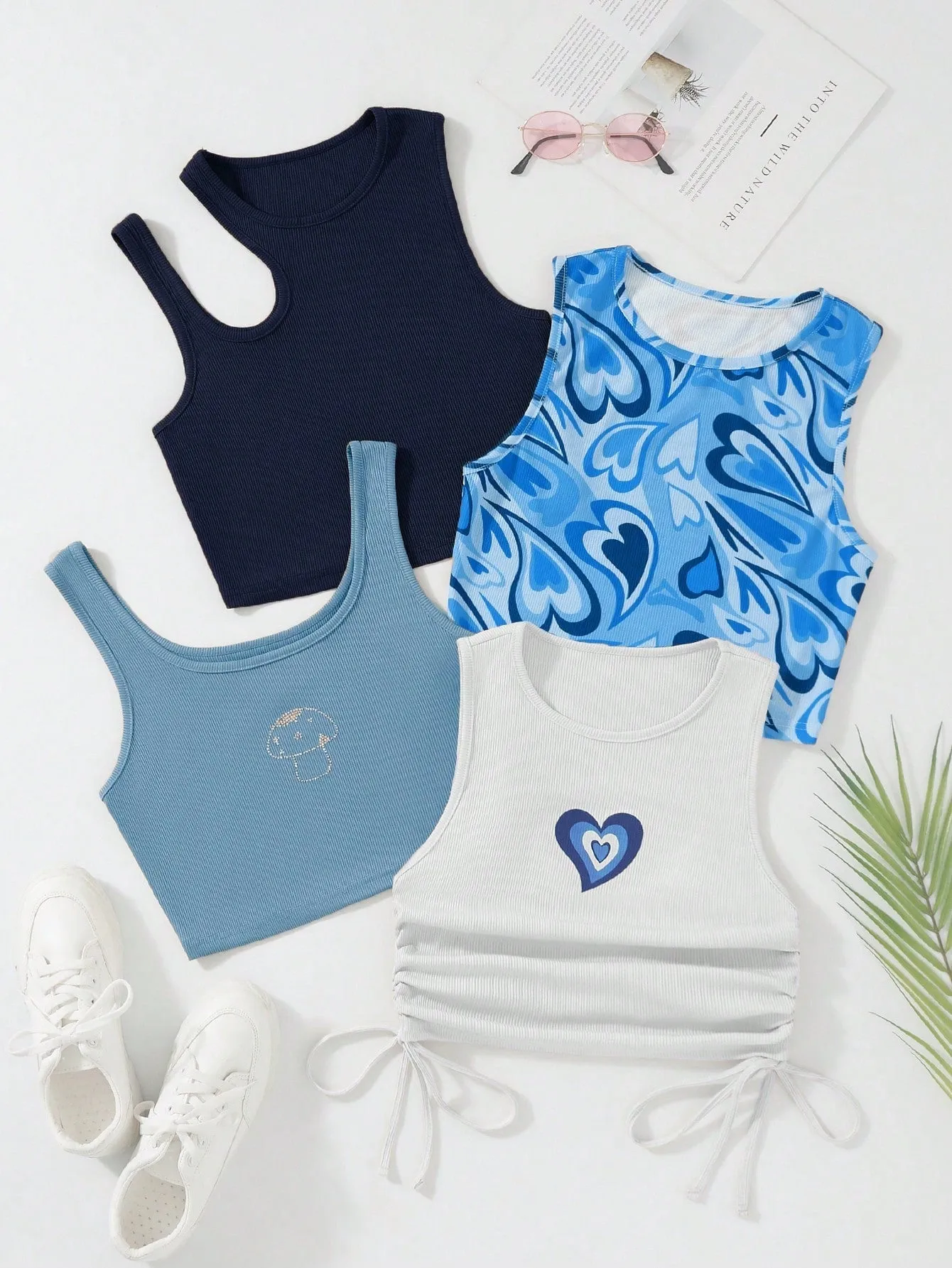 SHEIN Qutie 4pcs Heart Print Drawstring Side Tank Top