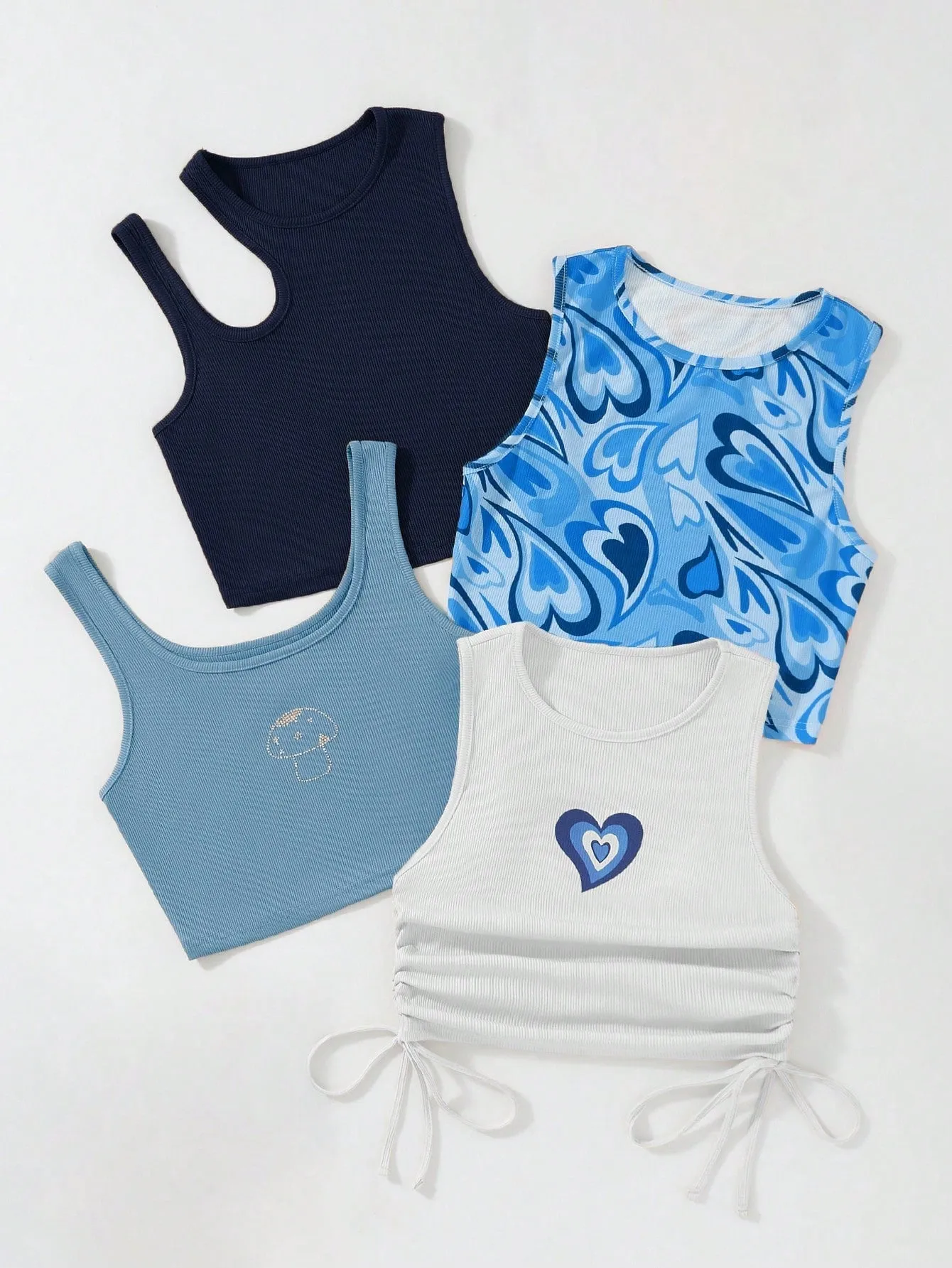 SHEIN Qutie 4pcs Heart Print Drawstring Side Tank Top
