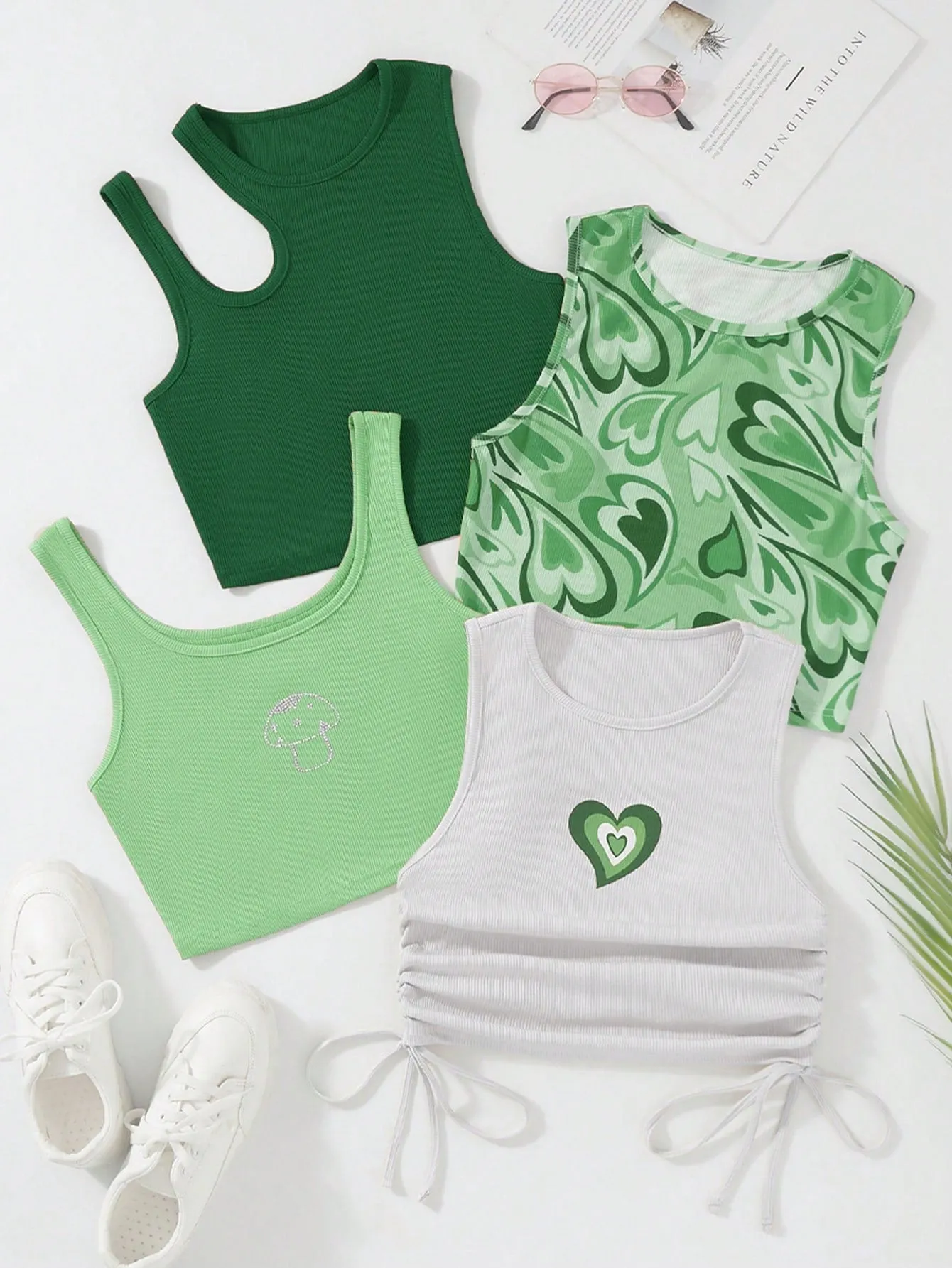 SHEIN Qutie 4pcs Heart Print Drawstring Side Tank Top