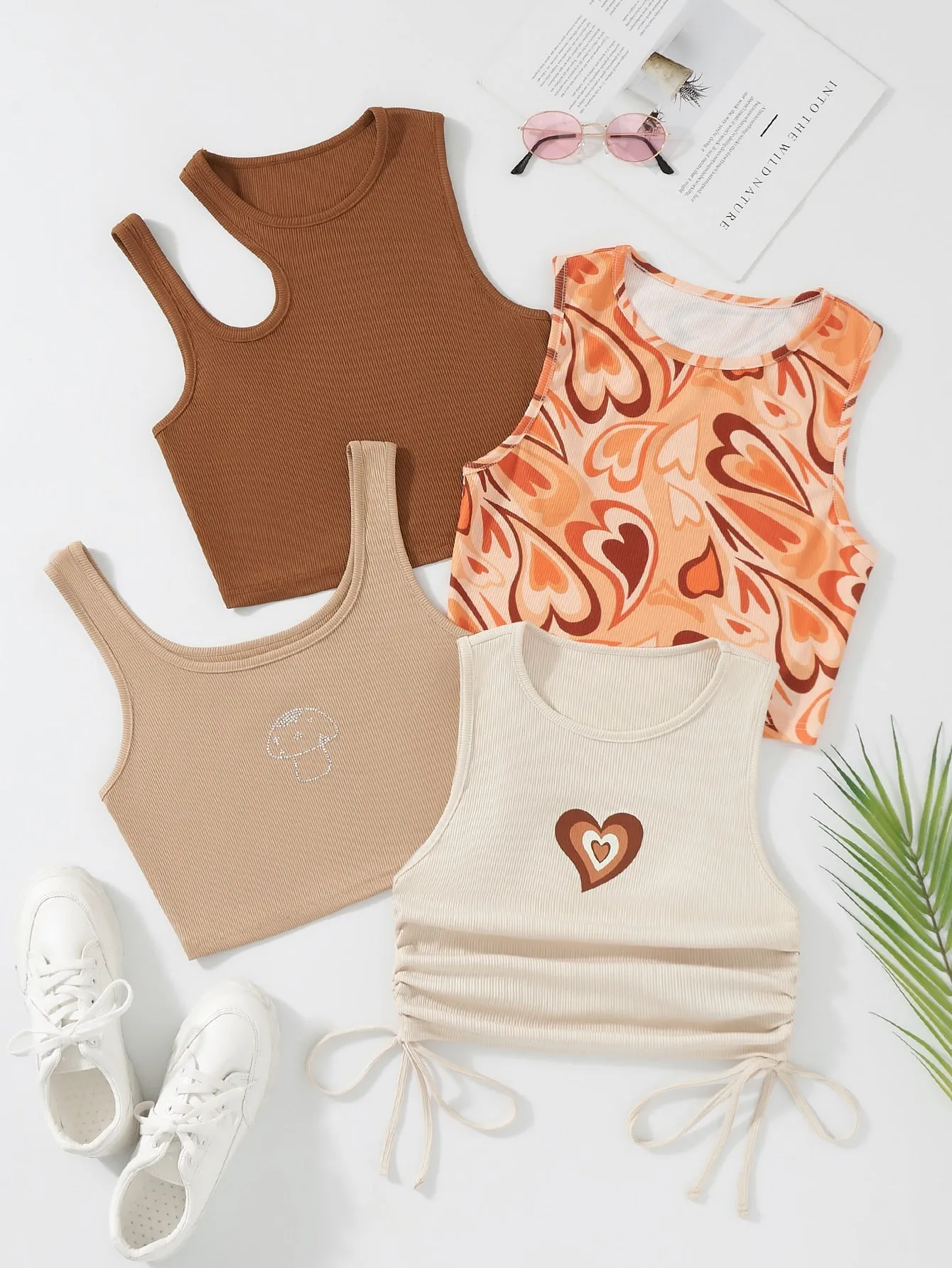 SHEIN Qutie 4pcs Heart Print Drawstring Side Tank Top