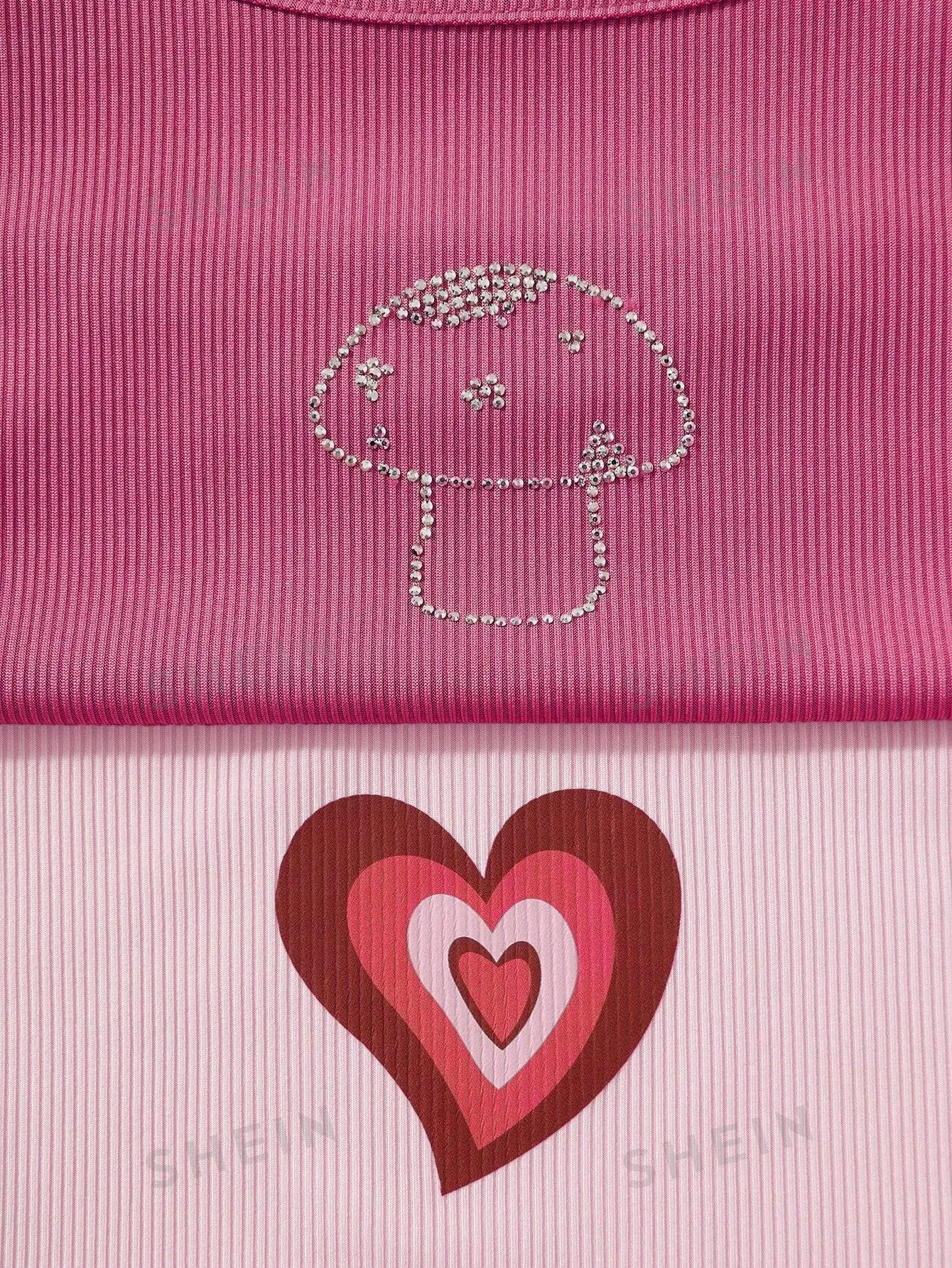 SHEIN Qutie 4pcs Heart Print Drawstring Side Tank Top