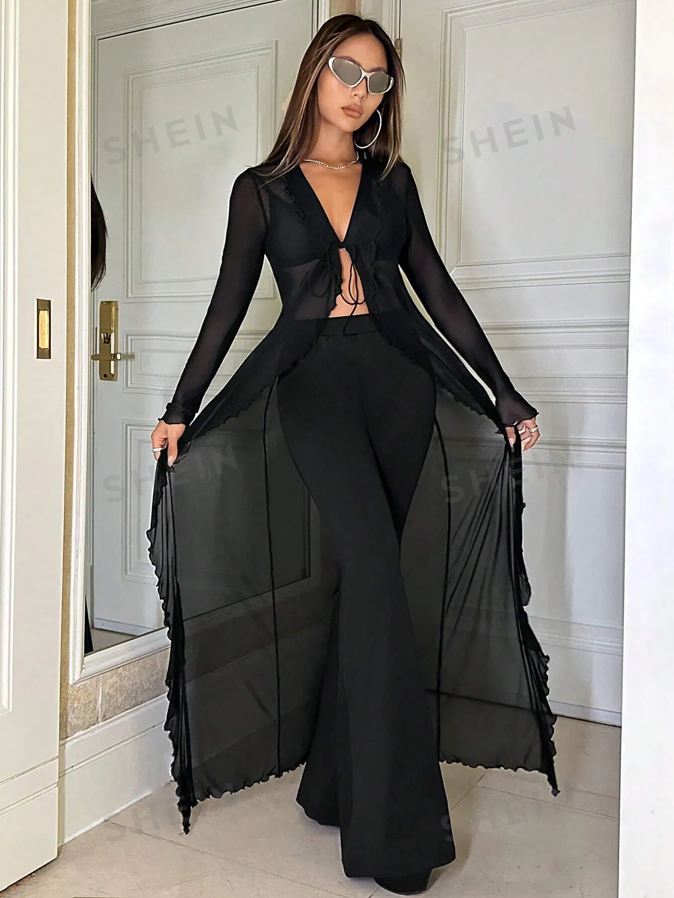 SHEIN Solid Lettuce Trim Mesh Top Without Bra