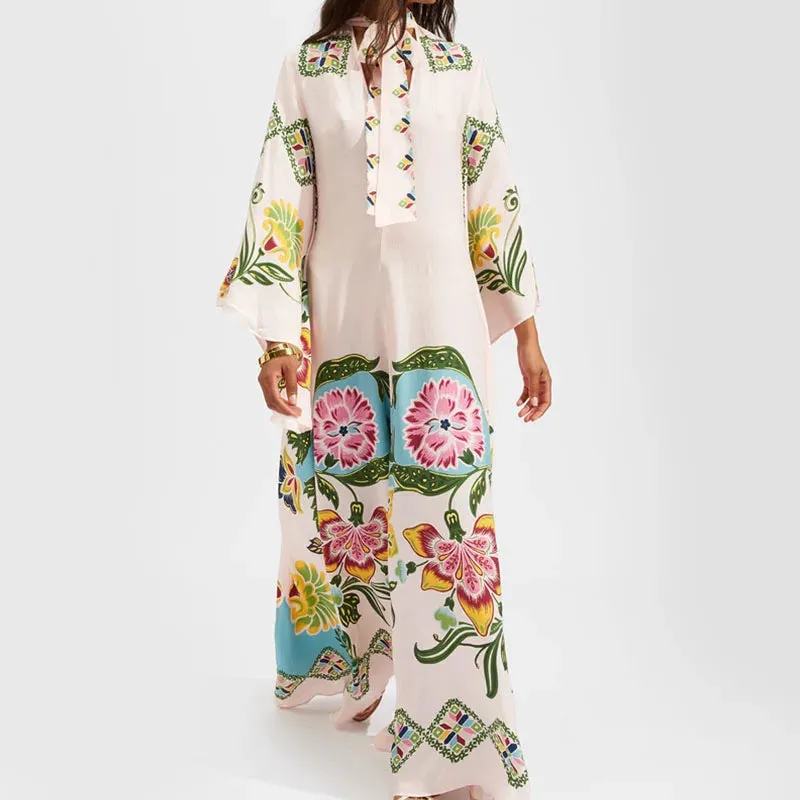 Sleeve Bow Tie-up Hollow Back Fashion Stand Collar Elegant Print Loose Floral 3/4 Dress