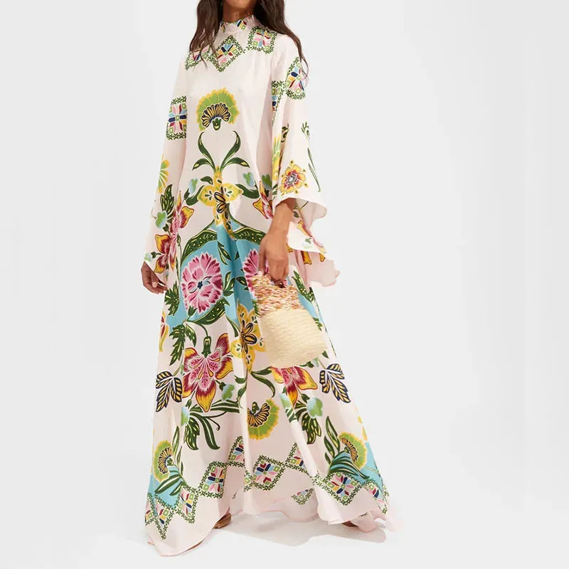 Sleeve Bow Tie-up Hollow Back Fashion Stand Collar Elegant Print Loose Floral 3/4 Dress