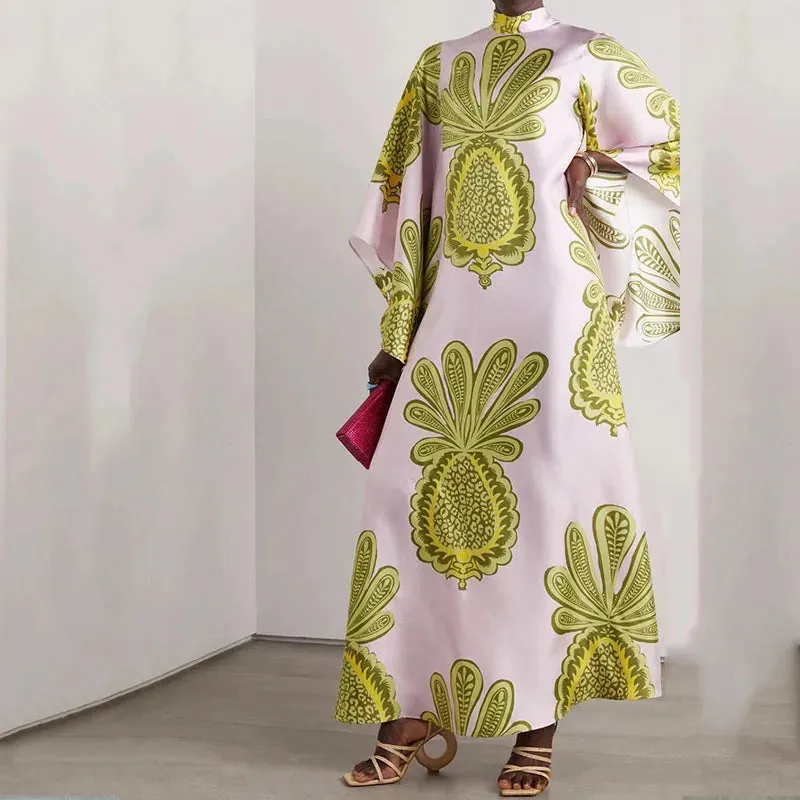 Sleeve Bow Tie-up Hollow Back Fashion Stand Collar Elegant Print Loose Floral 3/4 Dress