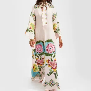 Sleeve Bow Tie-up Hollow Back Fashion Stand Collar Elegant Print Loose Floral 3/4 Dress