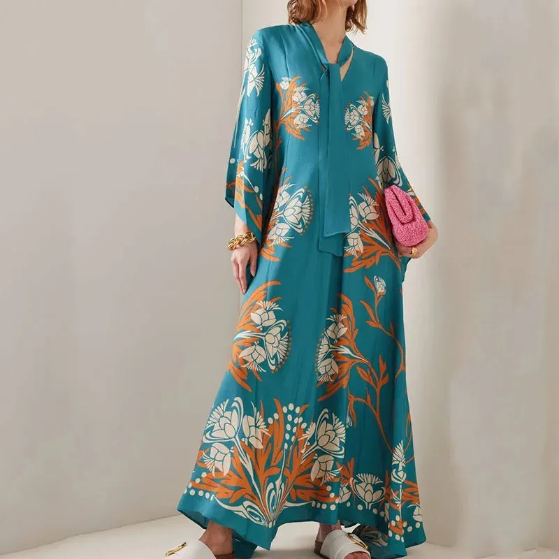 Sleeve Bow Tie-up Hollow Back Fashion Stand Collar Elegant Print Loose Floral 3/4 Dress