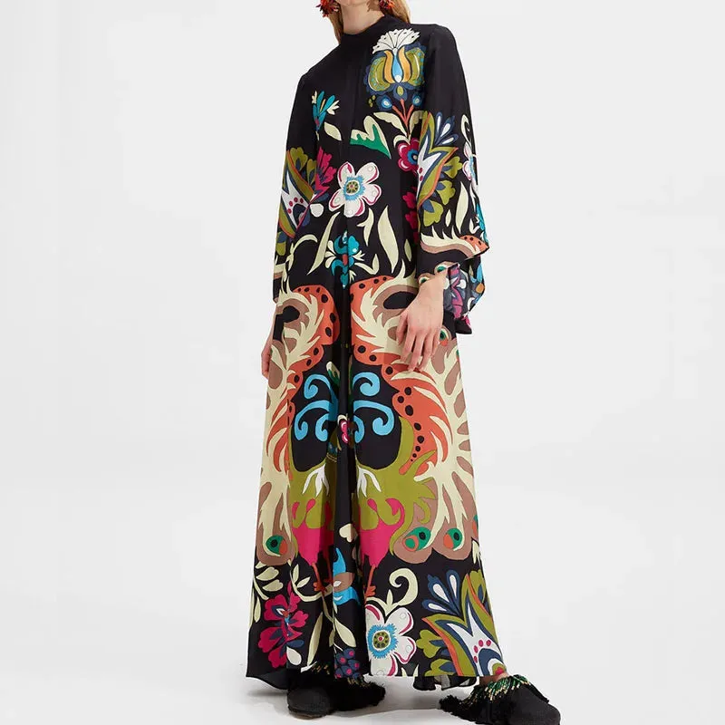 Sleeve Bow Tie-up Hollow Back Fashion Stand Collar Elegant Print Loose Floral 3/4 Dress