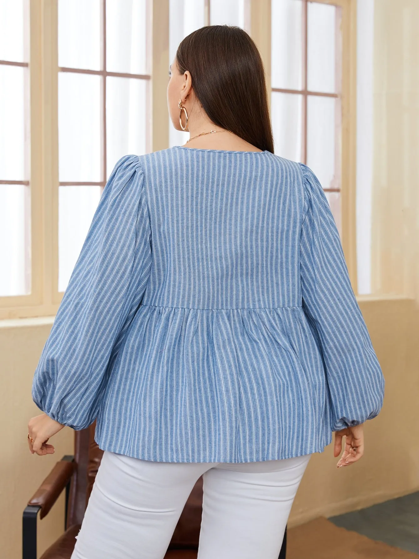 Striped Ruffle Hem Long Sleeve V Neck Flared Regular Plus Size Blouse