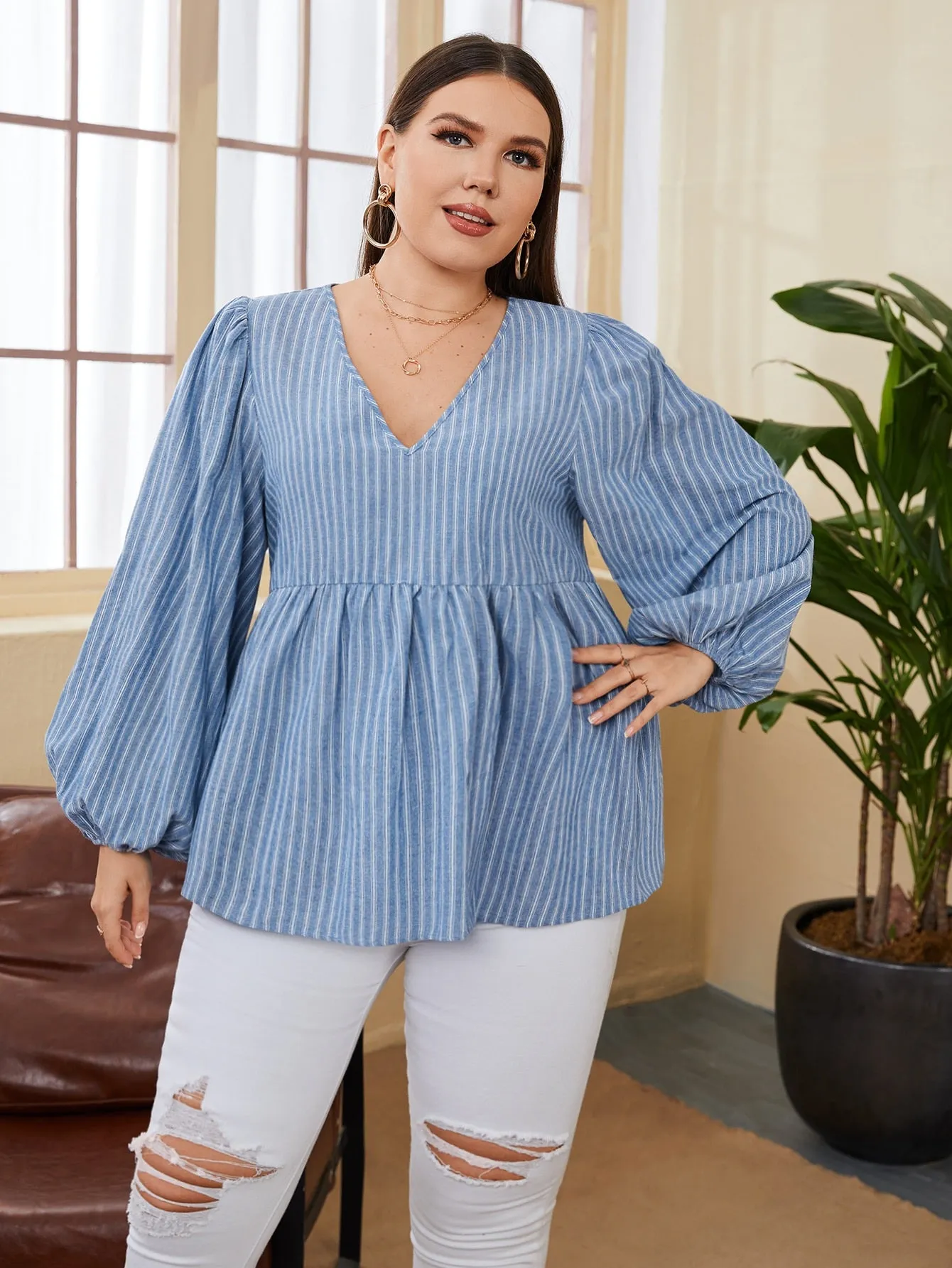 Striped Ruffle Hem Long Sleeve V Neck Flared Regular Plus Size Blouse