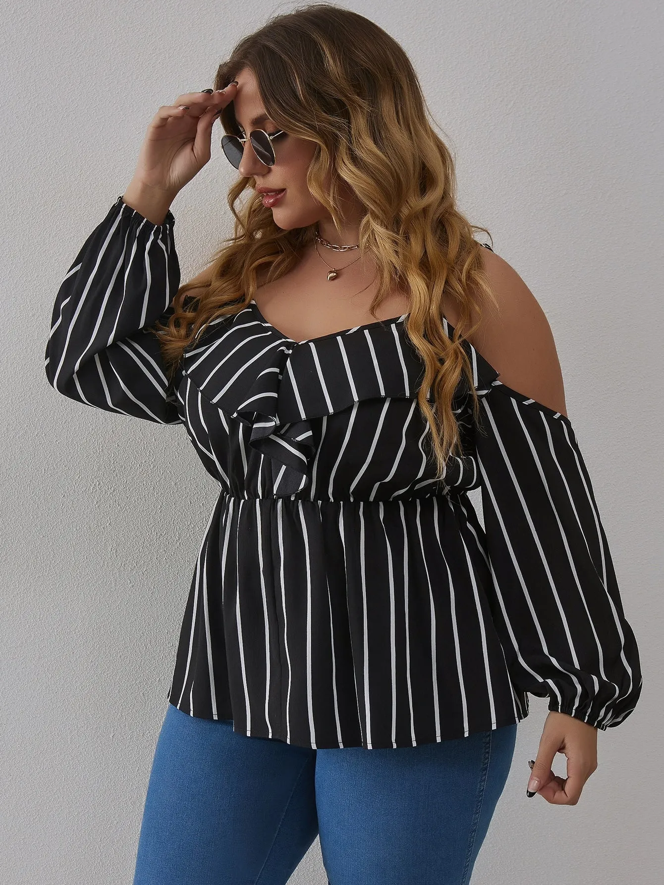 Striped Ruffle Long Sleeve Cold Shoulder Regular Plus Size Blouse
