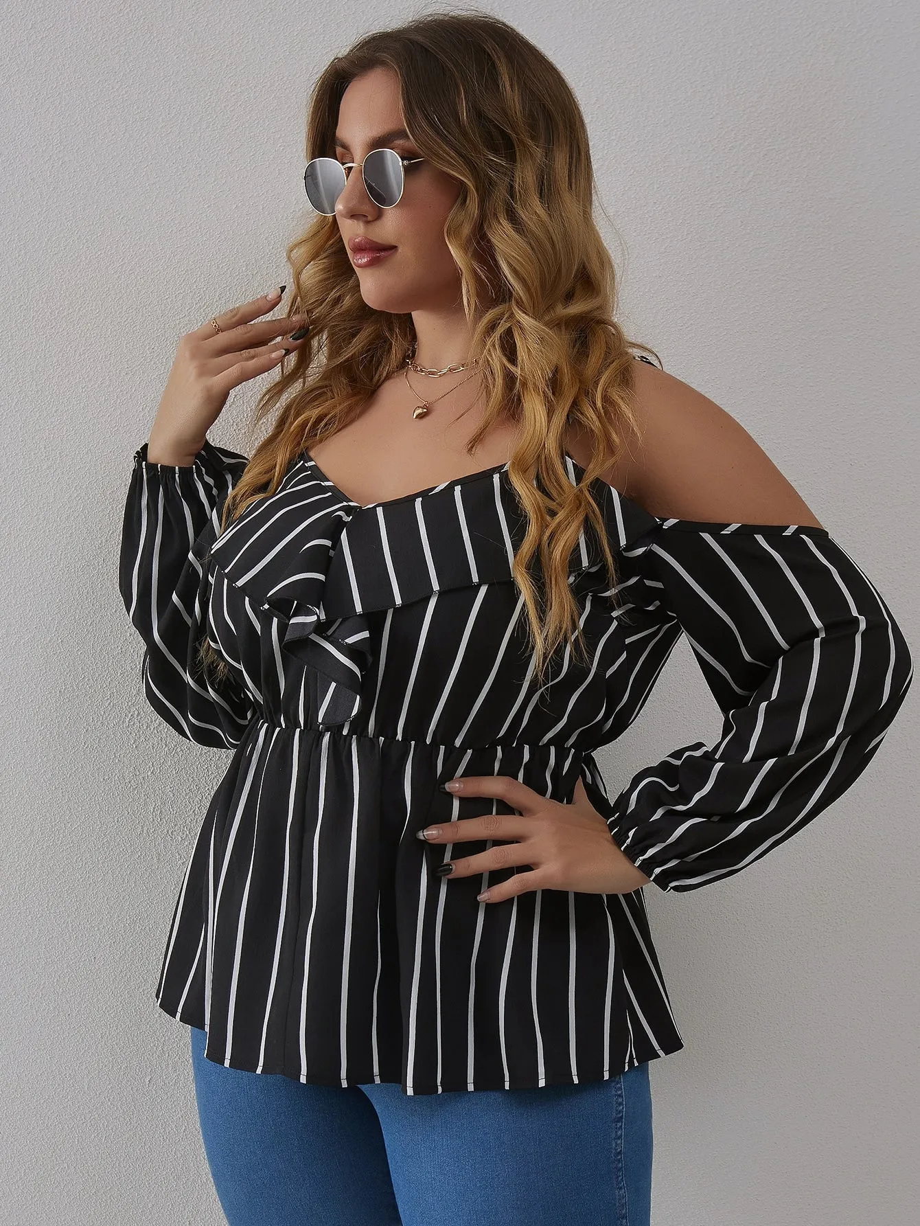 Striped Ruffle Long Sleeve Cold Shoulder Regular Plus Size Blouse