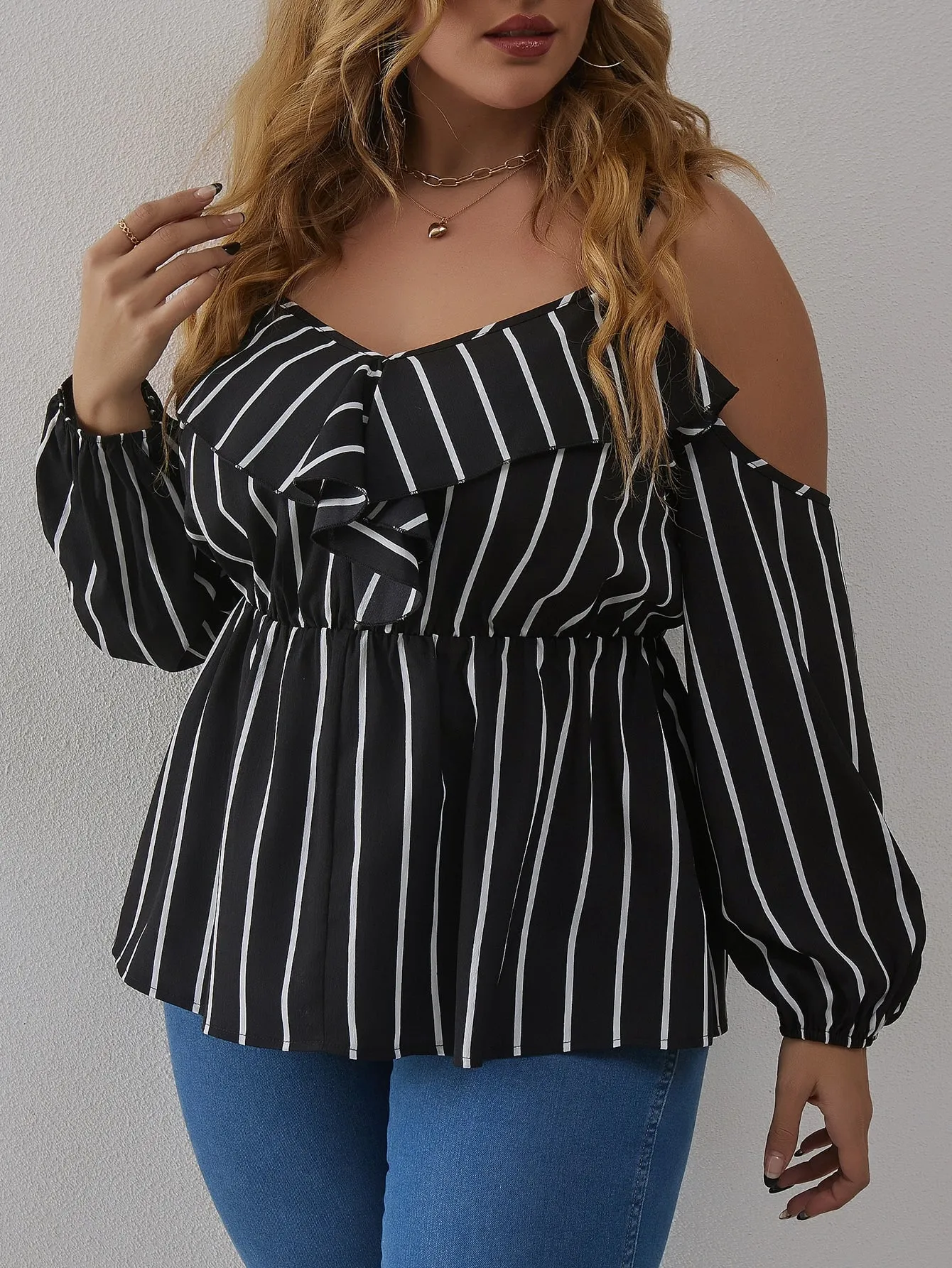 Striped Ruffle Long Sleeve Cold Shoulder Regular Plus Size Blouse