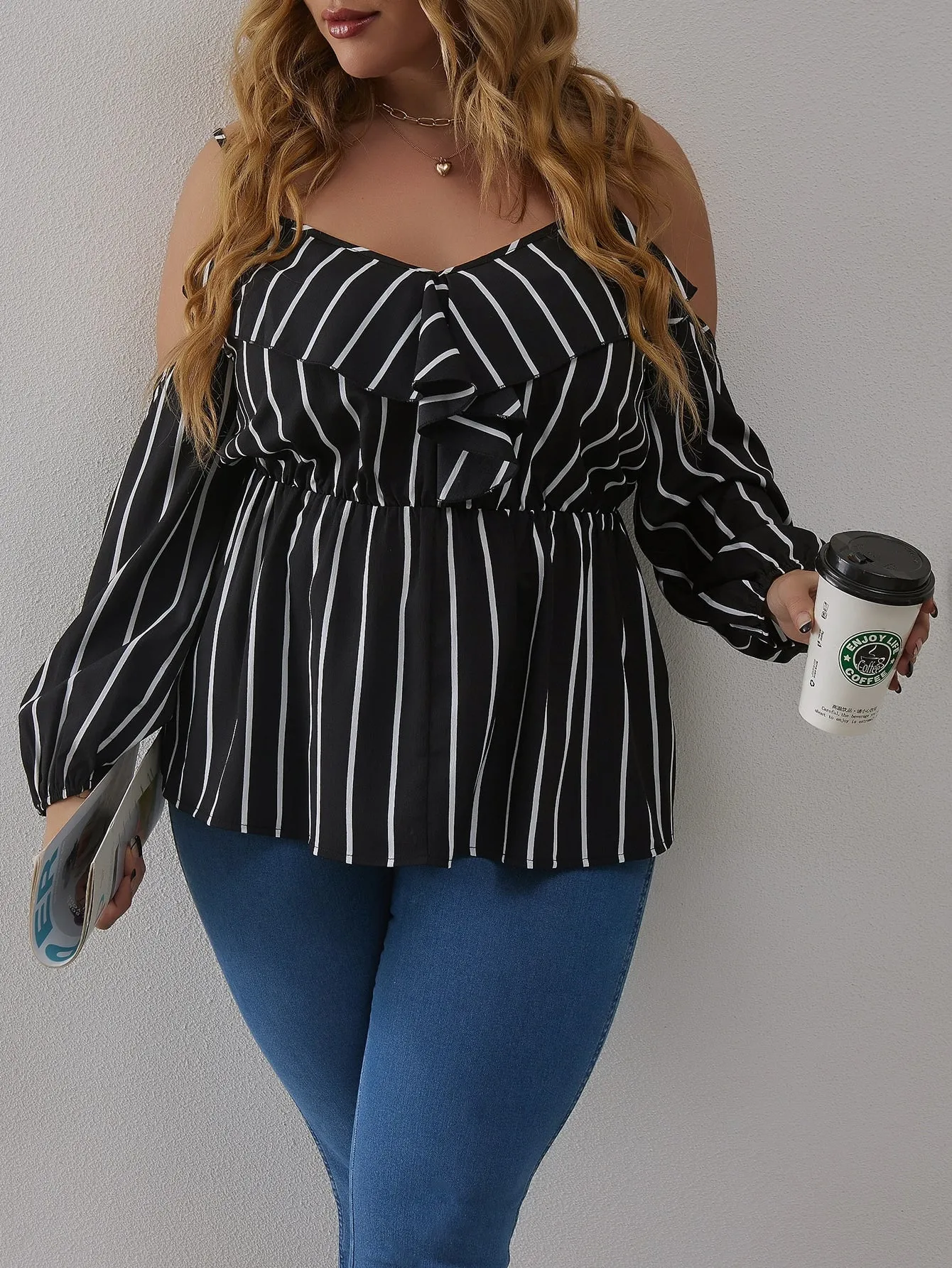 Striped Ruffle Long Sleeve Cold Shoulder Regular Plus Size Blouse