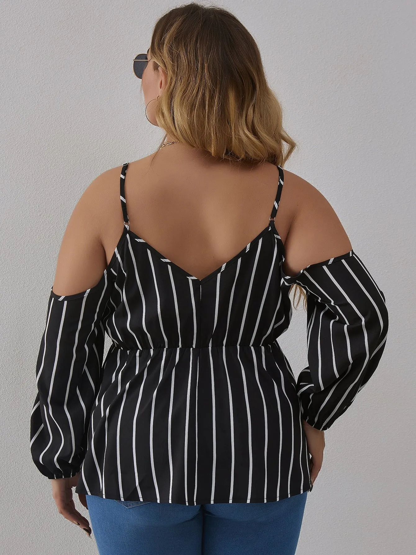 Striped Ruffle Long Sleeve Cold Shoulder Regular Plus Size Blouse