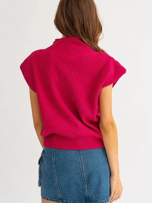 Style is a Choice Power Shoulder Oversized Sweater Vest with Turtle Neck
