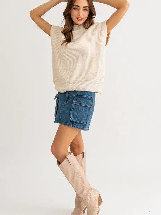 Style is a Choice Power Shoulder Oversized Sweater Vest with Turtle Neck