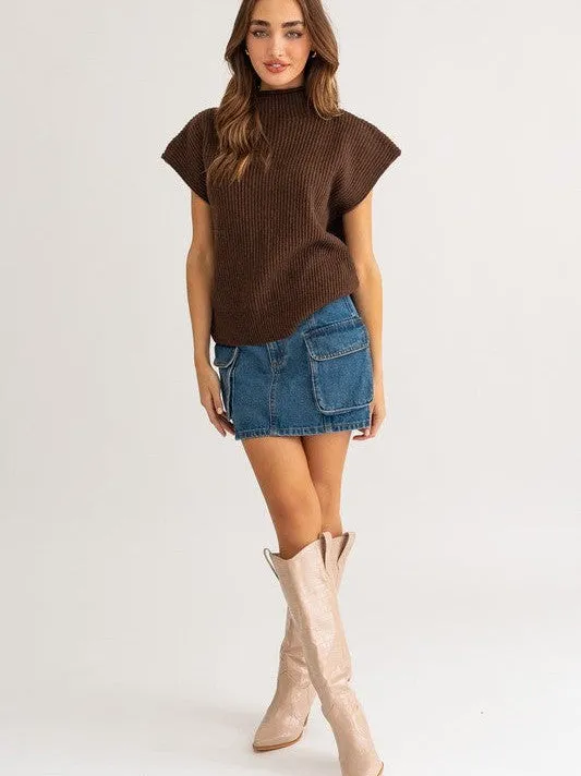 Style is a Choice Power Shoulder Oversized Sweater Vest with Turtle Neck