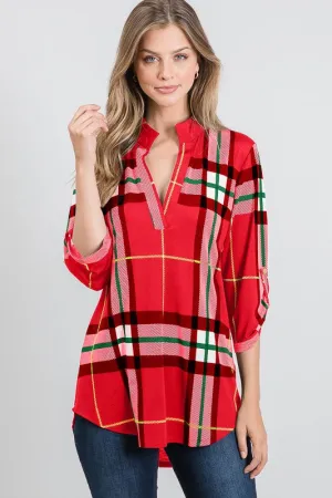 THREE QUARTER ROLL UP BUTTON MANDARIN COLLAR SLEEVE PLAID PRINT V NECK TOP
