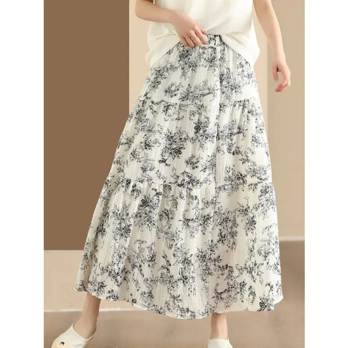 Women Summer Vintage Floral Cotton Loose Skirt BN1017