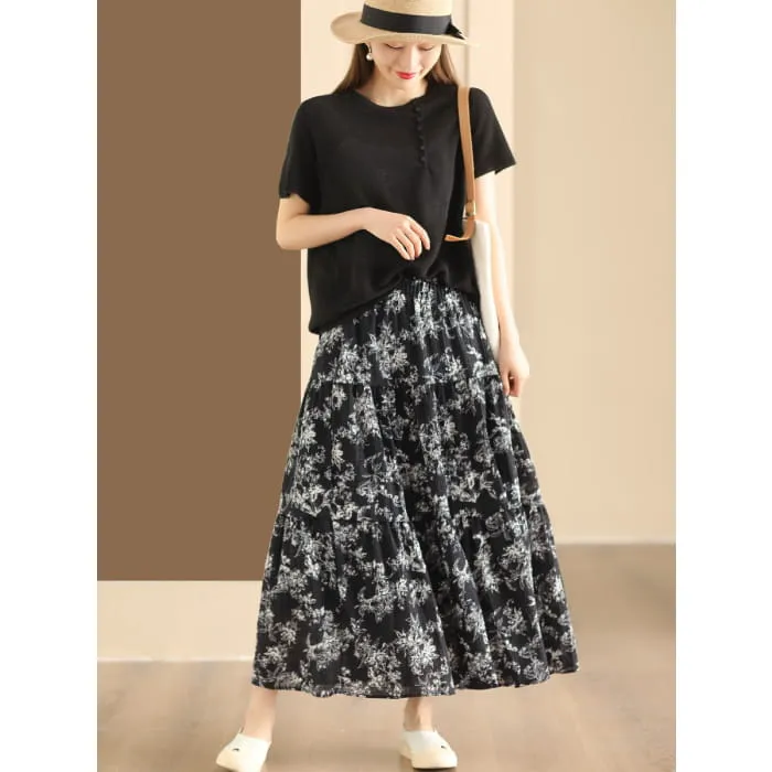 Women Summer Vintage Floral Cotton Loose Skirt BN1017