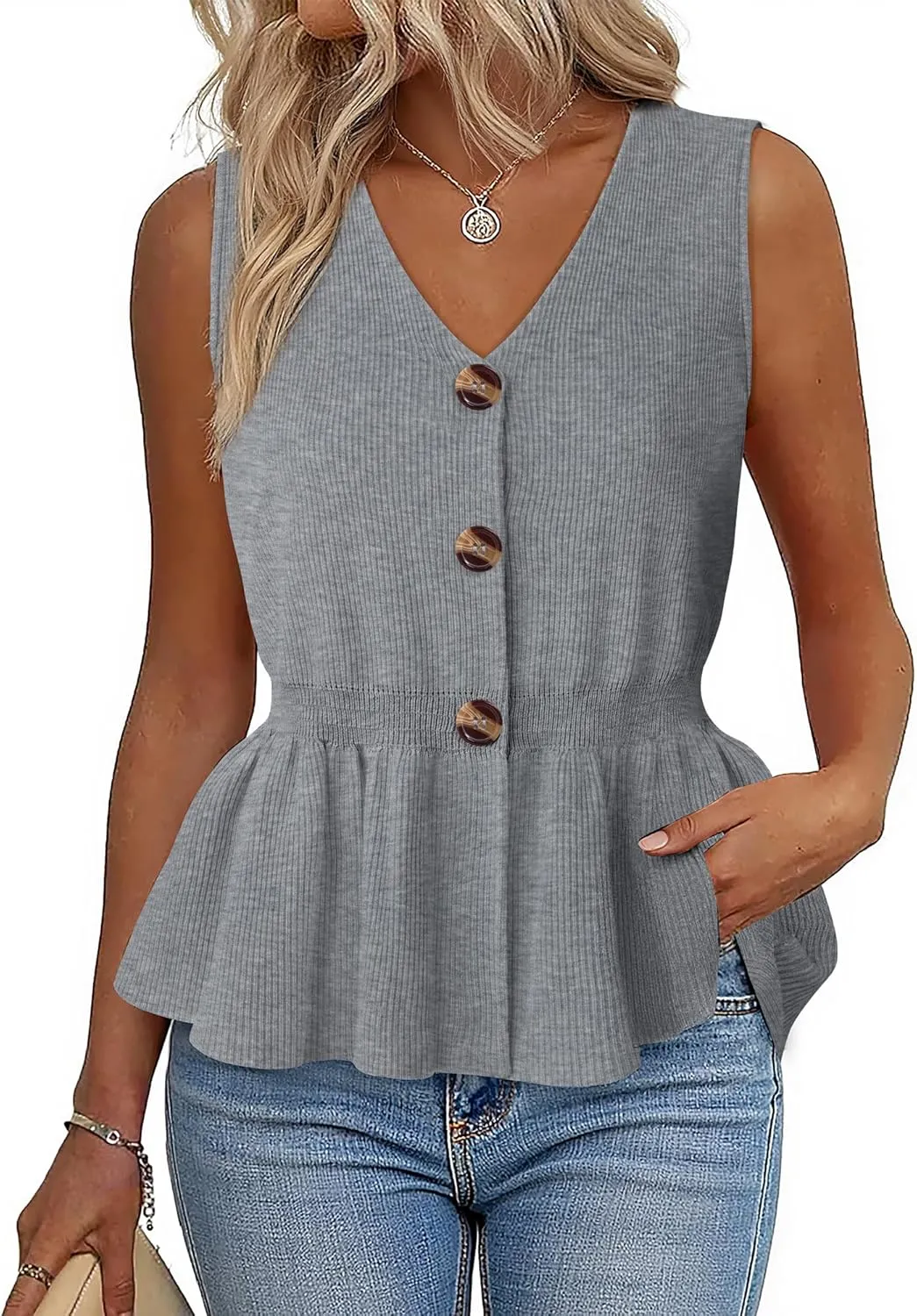 Womens Summer Casual Button Down Peplum Tops Sleeveless V Neck Knit Sweater Vest